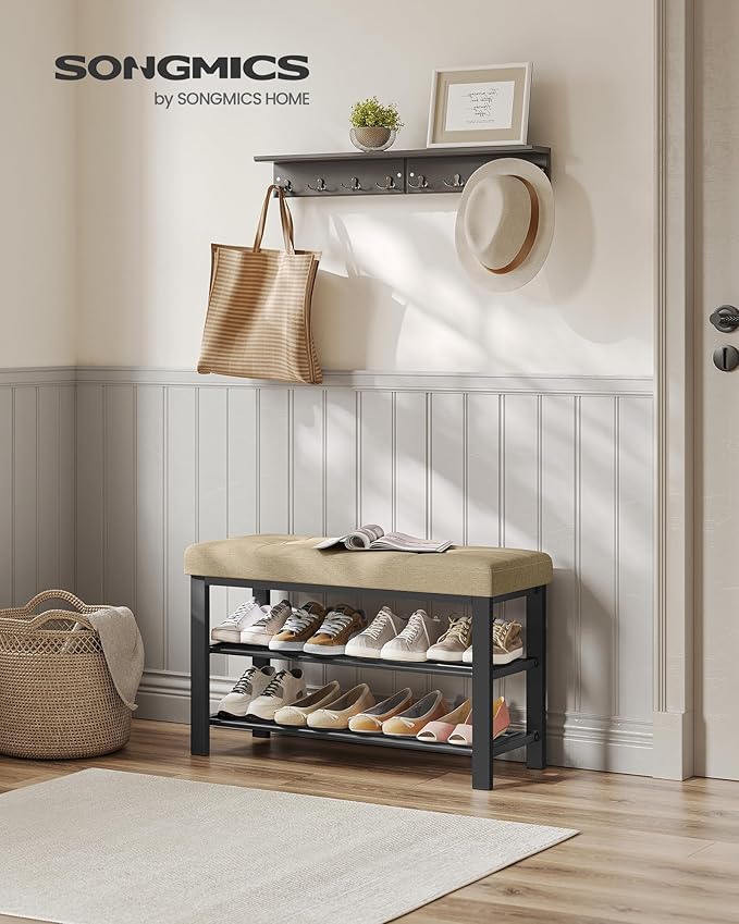 SONGMICS Shoe Bench, Storage Bench, Entryway Bench with Cushion, Shoe Shelf with Seat, Space-Saving, Modern Style, for Living Room, Bedroom, Hallway, Camel Brown and Ink Black ULBS057K01