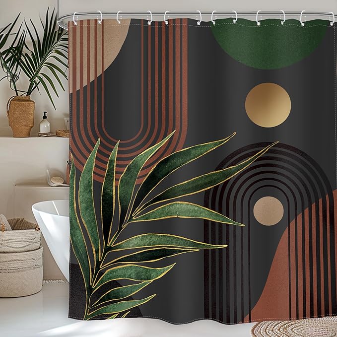 Glawry Dark Green Brown Boho Shower Curtain Abstract Mid Century Retro Tropical Leaves Modern Geometric Bathroom Minimalist Arch Sun 60Wx72L Inches Bath Accessories Art Home Decor Fabric 12 Pack Hooks