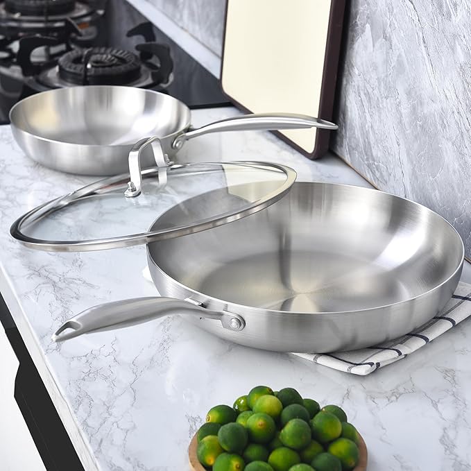 LOLYKITCH 8.5-10-12 Inch Tri-Ply Stainless Steel Frying Pan Set with Lids,Skillets,Induction Cooking Pans,Dishwasher and Oven Safe,Detachable Handle