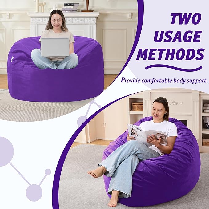 3FT Bean Bag Chair with Ultra Soft Velvet Cover Bean Bag Sofa with Memory Foam Bean Bag Chairs with Large Size Lazy Sofa for Dorm Office Living Room Bedroom Purple 3'