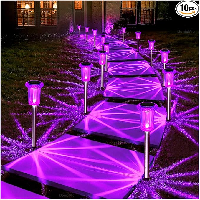 DenicMic Halloween Solar Lights Outdoor 15 Pack Purple LED Waterproof Yard Garden Patio Backyard Pathway Walkway Landscape Lawn Outside Halloween Decorations Outdoor