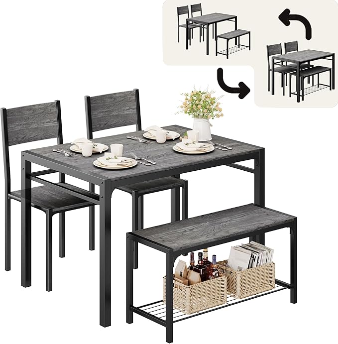 Shahoo Kitchen Table and 2 Chairs for 4 with Bench, 4 Piece Dining Sets for Small Space, Grey Wash