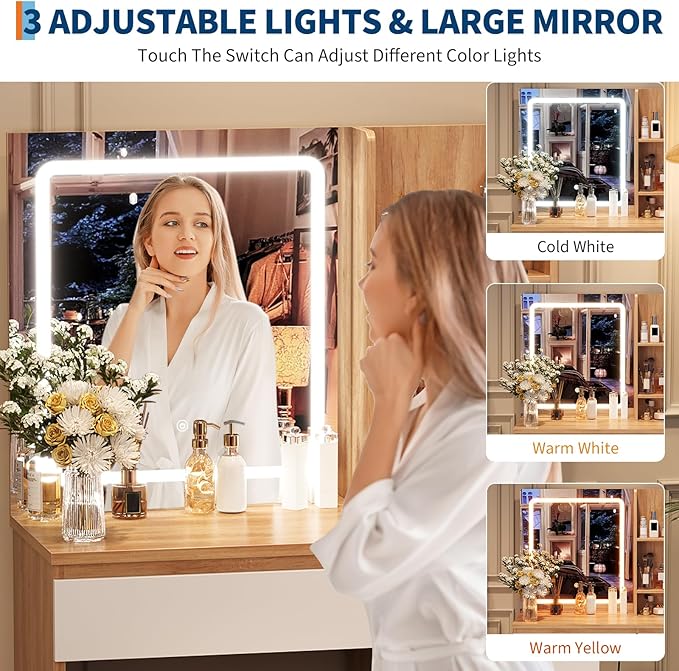 Vanity Desk with Mirror and LED Light, Vanity Desk with 4 Drawers, Power Outlet, Storage Stool, Storage Shelves & Hair Dryer Holder, Adjustable 3 Lighting Mode, Makeup Vanity Set for Bedroom, Natural