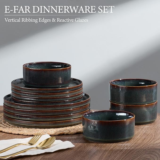 E-far 12-Piece Plates and Bowls Sets, Stoneware Dinnerware Dishes Sets for 4, Kitchen Modern Dining Dishware, Chip & Scratch Resistant, Microwave & Dishwasher Safe, Blackish Green