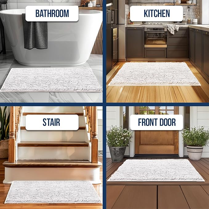Muddy Mat Chenille Bathroom Rugs Quick Dry Microfiber Mats Non Slip Washable, Extra Thick, Soft and Highly Absorbent Bath Mats for Bathroom, Kitchen, and Shower Floor - White Runner 59"X24"