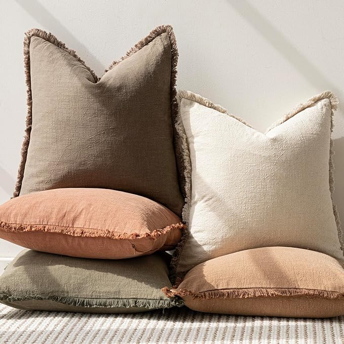 Foindtower Set of 2 Decorative Linen Fringe Throw Pillow Covers Boho Farmhouse Cushion Cover with Tassels Accent Pillowcase for Couch Bed Sofa Living Room Home Bedroom Decor, 12×24 Inch, Light Brown