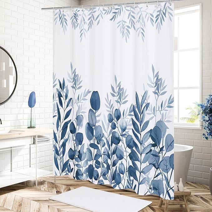 MitoVilla Navy Blue Eucalyptus Shower Curtain, Plant Leaves Vintage Fabric Shower Curtains for Rustic Bathroom Decor, Chic Modern Botanical Shower Curtain, 72x72