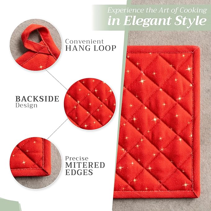 Maison d' Hermine Pot Holders Set 100% Cotton Heat Resistant Potholders 8" x 8" Hot Pads with Loop for Thanksgiving Christmas Decorations BBQ Cooking Baking Handling Hot Pans (Pack of 2, Noel)