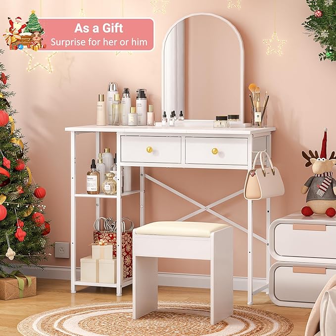 Vanity Desk Without Mirror, Makeup Vanity for Girls with 2 Fabric Drawers, Small Vanity Table with Iron Hook, 35 Inches Dressing Table with Storage, White