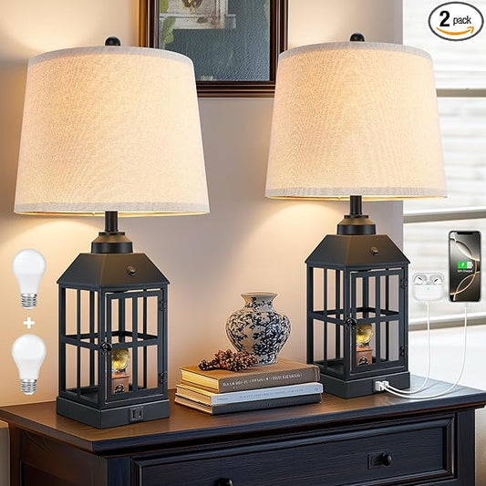 25" Farmhouse Table Lamps for Living Room, Black Lamps Set of 2 with USB Port and Nightlight, Rustic Table Lamp for Bedroom, Bedside Lamp for Nightstand, End Table, Home, Office, LED Bulbs Included