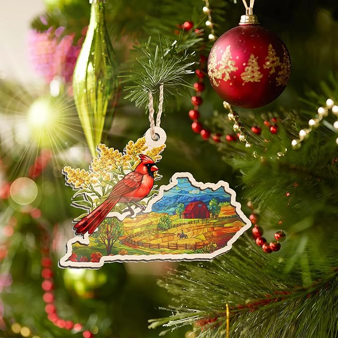 FLAGWIX Christmas Kentucky Gifts for Women Men - Suncatcher Ornaments 2025 for Xmas Decorations - Kentucky Ornament Christmas Decorations, Goldenrod Flowers and Northern Cardinal Xmas Ornaments Gifts