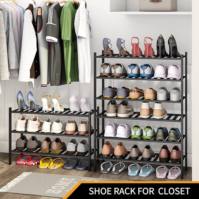Shoe Rack, 3-Tier Bamboo Stackable Shoe Shelf Storage Organizer, Shoe Stand for Closet, Entryway and Hallway