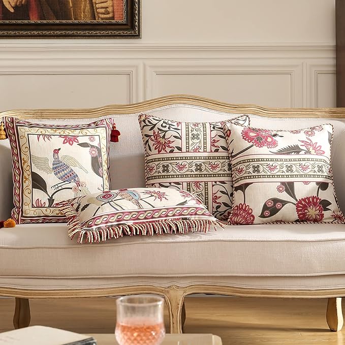 patdrea Designer Throw Pillow Covers 18X18 Inches,Vintage Red Linen Pillowcases with Leaves and Flower Pattern Pillows Cover for Couch,Decorative Square Cushion for Living Room Outdoor,Set of 2