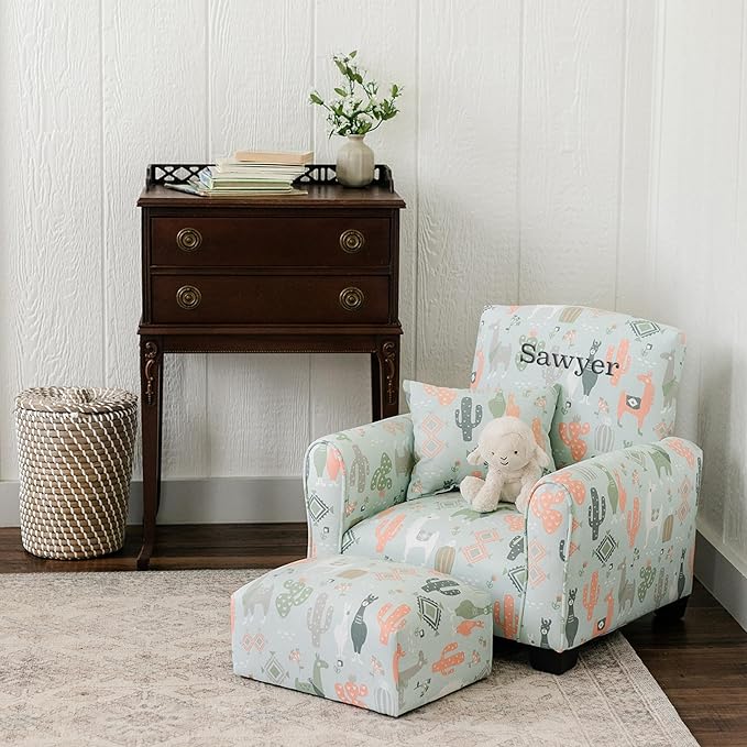 Toddler Personalized Armchair, Kids Upholstered Rocking Chair with Personalization, Toddler Chair with Personalized Name, Comfy Child Armchair, (Llama Print, Rockers)