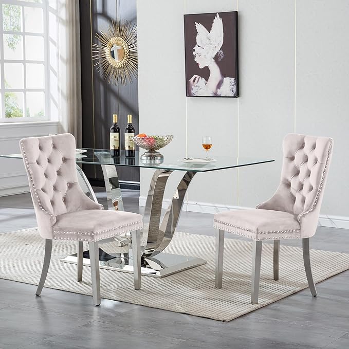 70" Modern Silver Glass Dining Table Set for 6, 7-Piece Rectangle Kitchen Dining Room Table Set with Steel Base & 6 Beige Velvet Upholstered Chairs, Modern Glass Kitchen Table and Chairs Set of 6