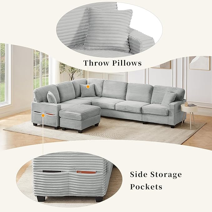 125.2" Sectional Sofa U-Shaped Upholstered Sofa L-Shaped Couch with a Movable Ottoman and Side Storage Pockets for Living Room, Grey