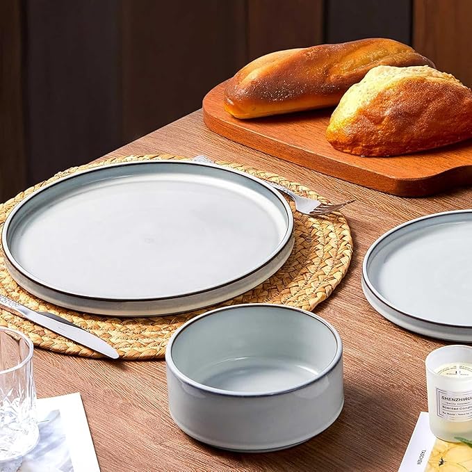 LIANYU Plates and Bowls Dinnerware Sets for 8, 24 Piece Stoneware Tableware Dishes Set Includes Dinner Dessert Plate Cereal Bowl, Rustic Terracotta Underside, Dishwasher & Microwave Safe, Lucent White