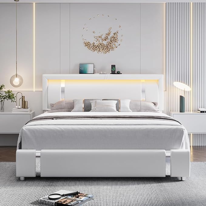 Full Size Bed Frame with RGB LED Lights Headboard & 2 Storage Drawers, Modern Upholstered Faux Leather Smart Platform Bed with Iron Metal Decor, USB & USB-C Charging Ports, No Box Spring Needed, White