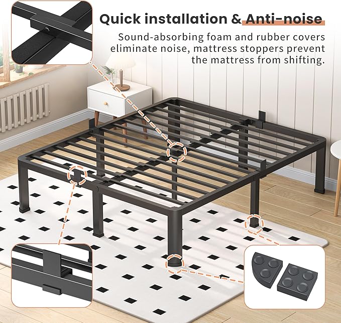 16 Inch King Heavy Duty 3500 lbs Bed Frame with Round-Corner Legs & Anti-Squeak Design – Quick Assembly Metal Platform, No Box Spring Needed
