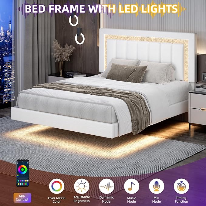 HOMBCK Floating Bed Frame Queen with Smart LED Lights, Faux Leather Upholstered Bed with Diamond PU Headboard, No Box Spring Needed, Noise-Free, Easy Assembly, White