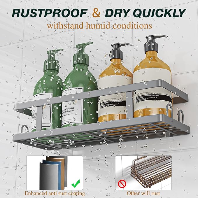 Adhesive Shower Caddy,Shower Shelves with Soap Holder and 12 Hooks,Rustproof No Drilling Bathroom Organizer and Storage,Silver,3 Pack