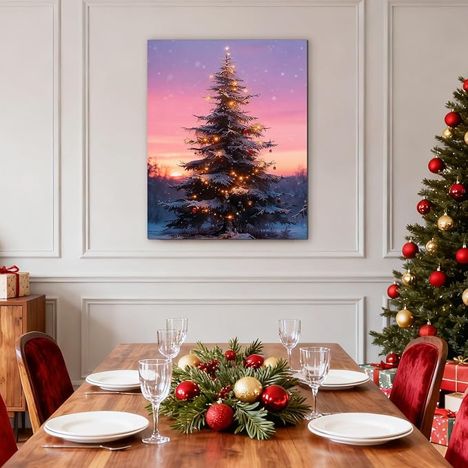 Framed Christmas Pictures Wall Decor,Vintage Pine Tree Prints,Winter Christmas Canvas Wall Art Decoration for Bedroom Bathroom Living Room Rustic Xmas Holiday Gifts (Christmas Tree 10, 20'' X 32'')