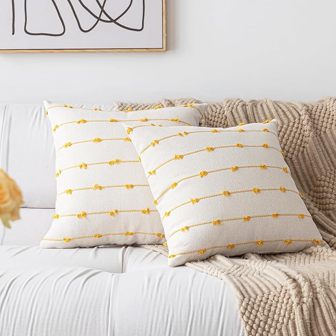 Boho Throw Pillow Covers 16x16 Set of 2 Modern Farmhouse Decorative Cushion Case Tufted Square Pillows Cover Neutral Pillow Cases Accent Pillowcase for Sofa,Couch,Bed,Beige and Yellow