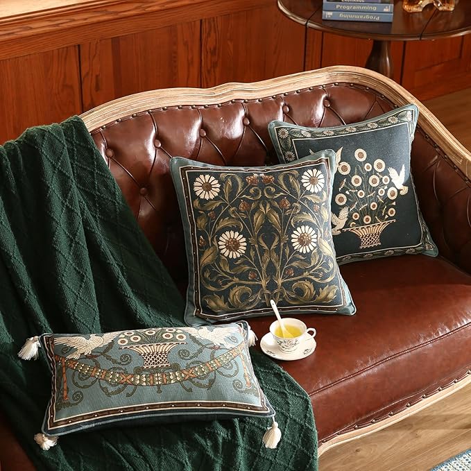 Green Throw Pillow Covers Set of 4,French Farmhouse with White Birds and Flowers Pattern Linen Pillowcases,Decorative Round Square Lumbar Pillows Cushion Covers for Couch Sofa Bed Chair