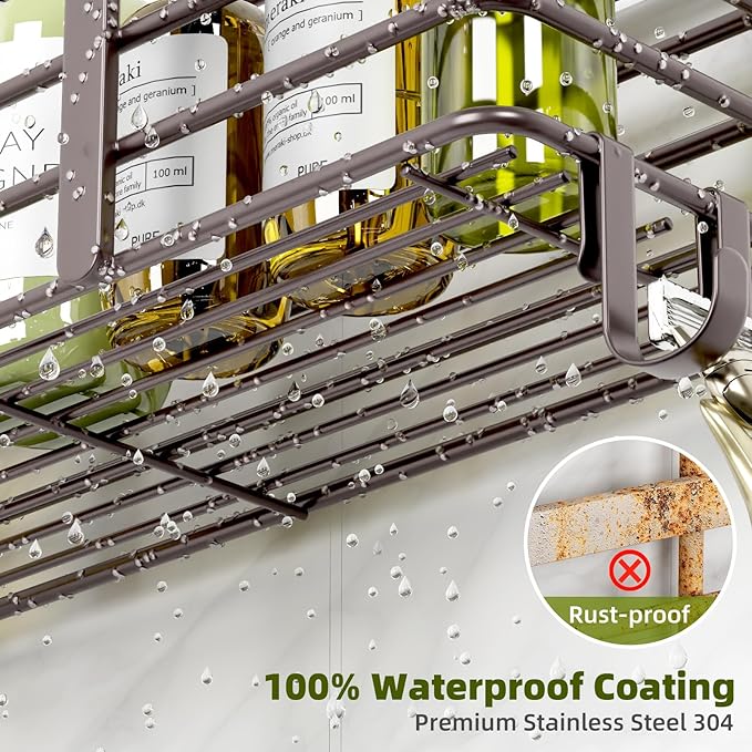 Yougai Shower Caddy 3 Pack, No drilling Stainless Steel Hanging Shower Organizer Set, Strong Adhesive Shower Organizer for Bathroom Storage, Waterproof & Large Bearing Weight Organizer Shelf, Brown