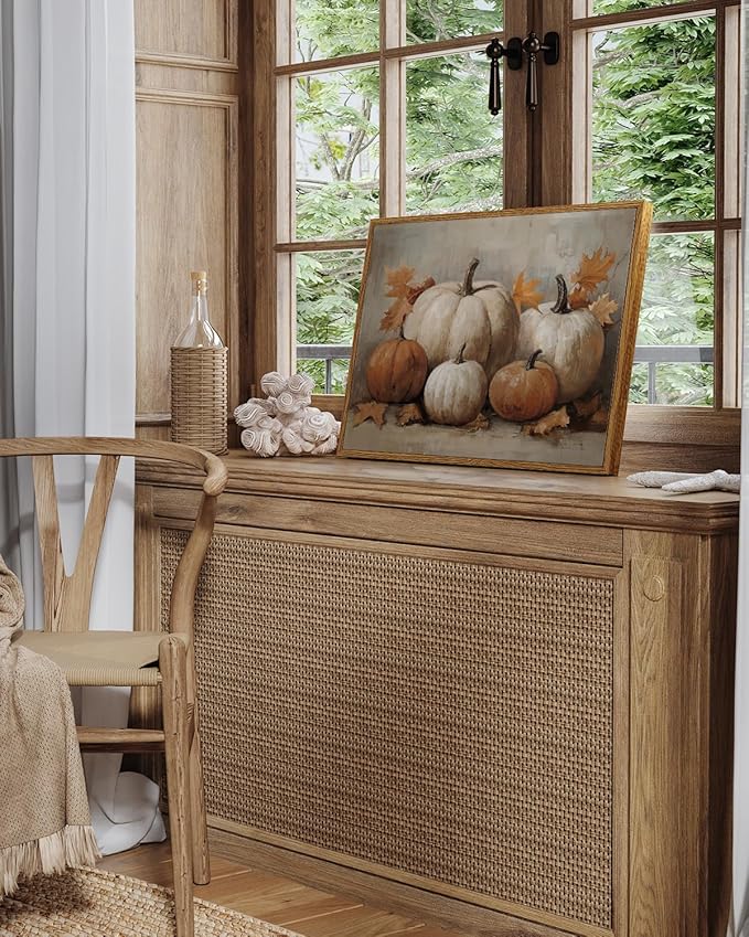 InSimSea Framed Canvas Wall Art Vintage Decor, Fall Pumpkin Wall Decor for Living Room Bedroom Bathroom, Rustic Autumn Still Life Paintings Prints, Halloween Desk Decorations, 12x16inch