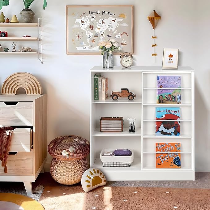 Cowiewie Toy Organizers and Storage, 5-Section Kids Bookshelf for Organizing Books Toys, Wooden Storage Cabinet for Playroom, School Classroom