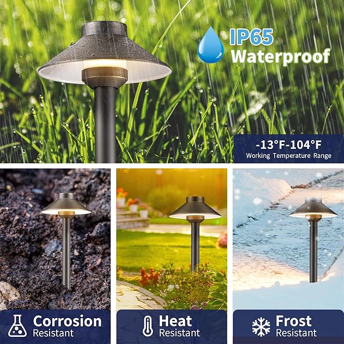 Low Voltage Landscape Path Light Solid Brass, 3 Color Temp Selectable Pathway Lights, LED Light Waterproof, 12V Wired Bronze for Walkway Garden with 3W 270LM G4 Bulb (12 Pack)