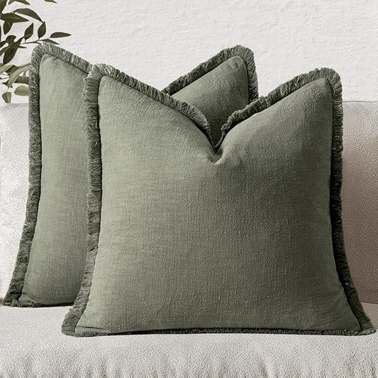 MIULEE Decorative Throw Pillow Covers Neutral Linen Fringe Throw Pillows Euro Shams Set of 2 Light Olive Green Boho Farmhouse Cushions for Couch Sofa Bed Living Room Spring Home Decor 26x26 Inch