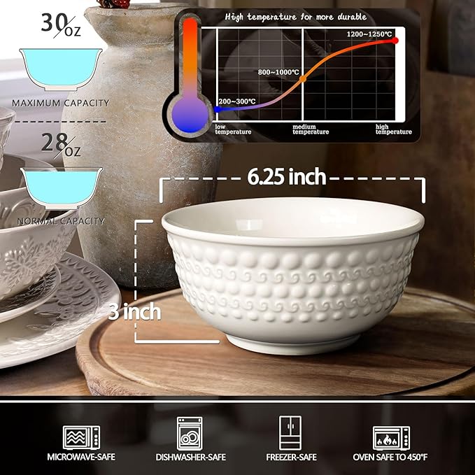 Cereal Bowls Set of 4 - Ceramic Soup Bowls for Kitchen 30 Oz Embossment White Breakfast Bowls for Rice, Pasta, Fruits, Salad, Ramen, 6.25 Inch, Dishwasher & Microwave Safe (Auspicious Clouds)