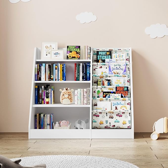 4 Tier Kids Wooden Bookshelf,Five Layer Sling Bookcase,Baby Storage Book Rack,Kids Book and Toy Organizer Cabinet Chest,Infant Book Display,Playroom Kids Room Classroom Nursery Bedroom