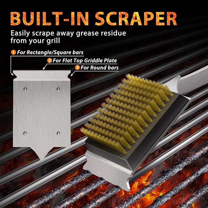 ENLOY Grill Brush and Scraper for Barbecue, 17" Grill Brush for Outdoor Grill, Extended Rosewood Handle and 2 Replaceable Copper Wire Brush Heads, Grill Cleaning Brush Grill Accessories for Most Grill