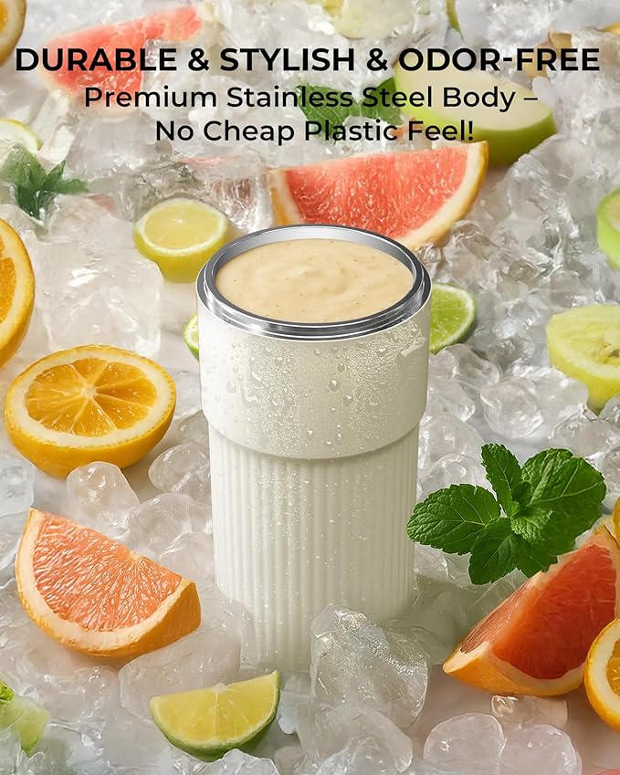 Portable Smoothie Blender, Personal Blender for Smoothies, 7.4V Motor 10 blades, Stainless Steel Cup, USB-C Rechargeable, Easy to Clean, Travel Lid, Keep Cold 24 Hours, Single Serve blender, WHITE