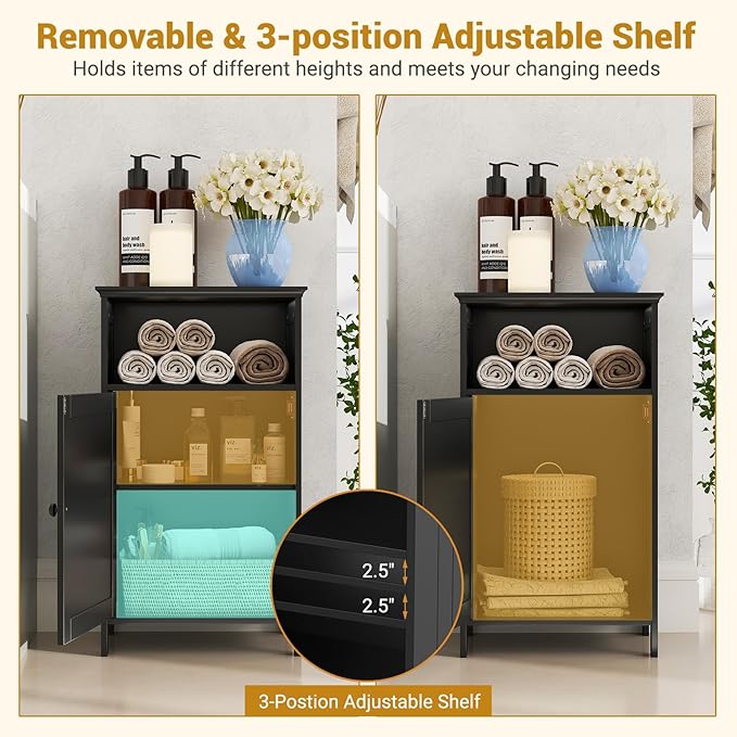 Tangkula Bathroom Storage Cabinet, Freestanding Wooden Single Door Side Floor Organizer with Adjustable Shelf, Small Bathroom Cabinet for Small Spaces, Living Room (Black)
