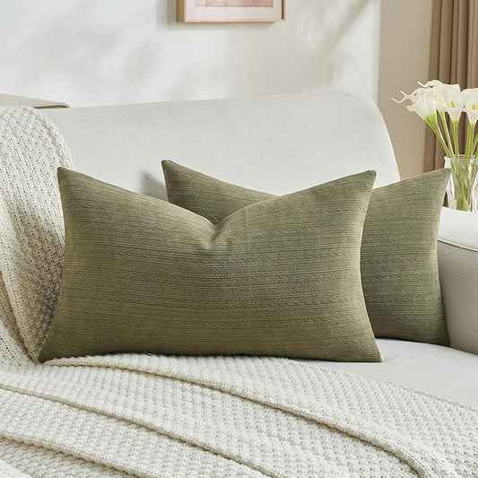 FUTEI Olive Green Decorative Throw Pillow Covers 12x20 Inch Set of 2,Soft Cozy Wheat Ear Striped Patterns Lumbar Pillow Cases,Modern Home Decor for Couch Bed Living Room