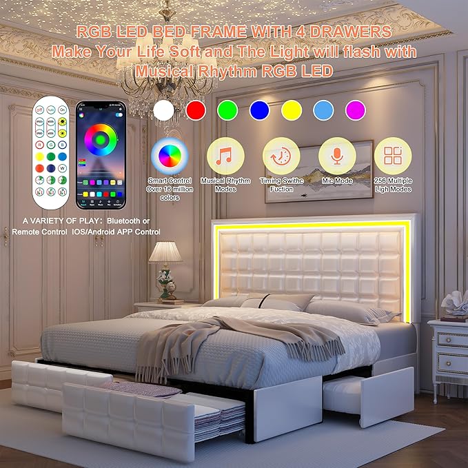 Queen Bed Frame with LED Lights & Storage Drawers, No Box Spring Needed, Heavy Duty 900lbs Weight Capacity, Easy Assembly, Modern Upholstered Platform Bed, PU White