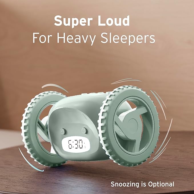 CLOCKY Extra Loud Alarm Clock for Heavy Sleepers on Wheels Rolls Runs Away Vibrating, Easy to Set Super Smart Snooze Digital Bed Shaker Alarm Clock Funny Gift for Adults Kids Teens Bedrooms (Sage)