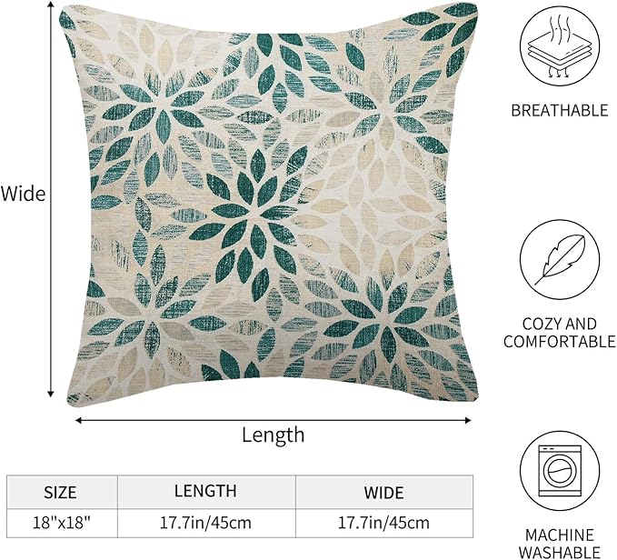 Dark Teal Dahlia Pillow Covers 18x18 Inch Set of 2 Summer Geometric Rust Flower Outdoor Decorative Throw Pillows Farmhouse Turquoise Pillow Case Linen Square Cushion Cover for Home Sofa Bedroom