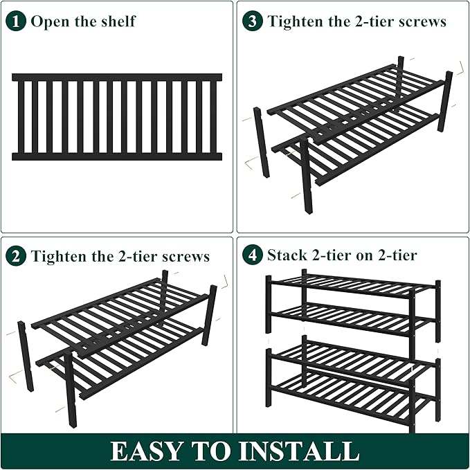 Smiry Bamboo Shoe Rack for Closet, 4 Tier Wooden Stackable Shoe Organizer, Free Standing Shoes Storage Shelf for Entryway, Front Door Entrance, Black