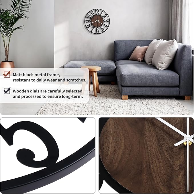 Maxstar Wall Clock Battery Operated,Silent Non-Ticking Modern Rustic Metal Round Clocks Small for Living Room/Bedroom/Office/Kitchen/Farmhouse Home Decor-14 Inch(Brown-Wood)