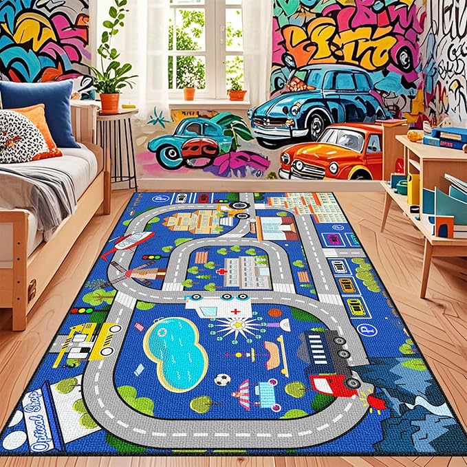 Car Mat for Kids Toy Cars - Car Track Rug Car Carpet for Kids Play Mat City Life Road Carpet for Playroom Living Room Bedroom Classroom, 3'×5'