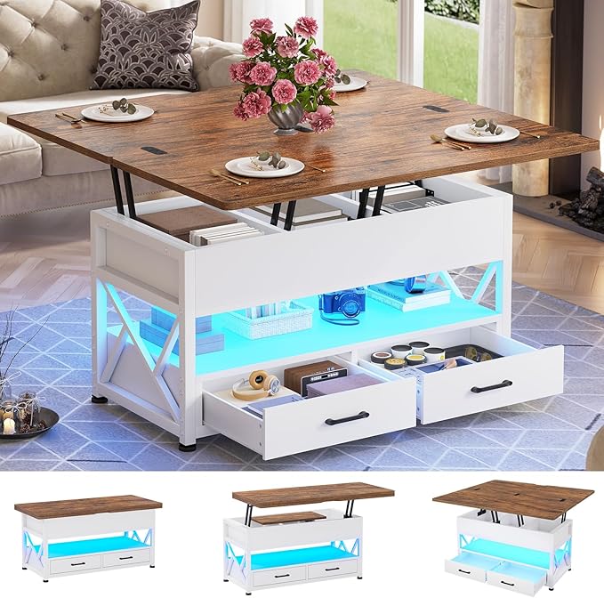 Itaar 40" Lift Top Coffee Table, 4 in 1 White Coffee Tables with Storage for Living Room, Small Coffee Table with 2 Drawers & LED Light for Dining Room, White and Rustic Brown