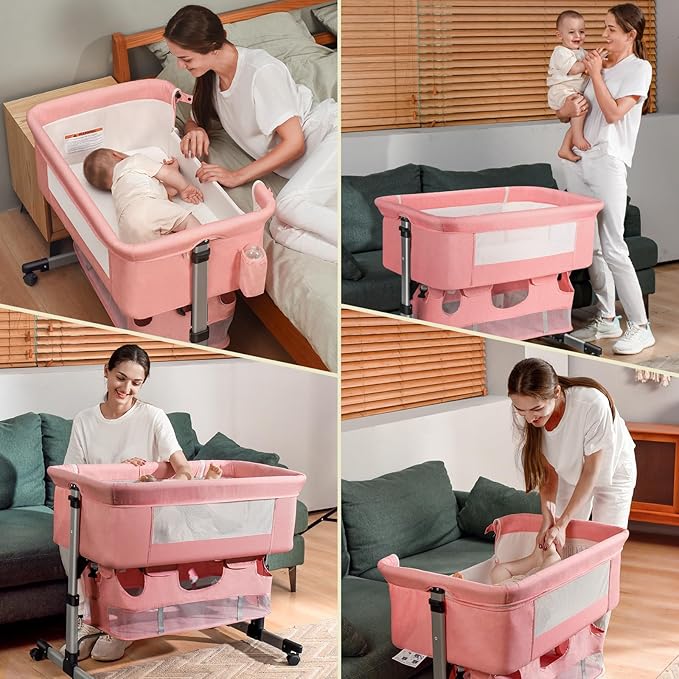 Baby Crib,3 in 1 Bedside Crib Adjustable Portable Bed for Infant,Baby Bassinet Newborn Must Have Bed,Pink