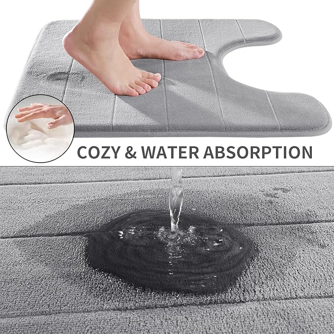Yimobra Memory Foam Toilet Bath Mat U-Shaped, Soft and Comfortable, Super Water Absorption, Non-Slip, Thick, Machine Wash and Easier to Dry for Bathroom Commode Contour Rug, 24 X 24 Inches, Gray