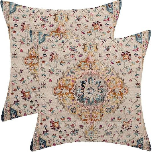 BETGINY Blue Orange Boho Throw Pillow Covers 20 x 20 Inch Pack of 2, Vintage Bohemian Carpet Pattern Decorative Pillow Cases Outdoor Ethnic Design Farmhouse Cushion Case for Home Sofa Decor
