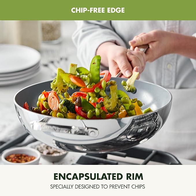 GreenPan Valencia Pro Tri-Ply Stainless Steel 12” Wok with Lid, Healthy Ceramic Nonstick PFAS-Free PFOA- Free Coating, Multi Clad Cookware, Induction, Dishwasher Safe, Oven and Broiler Safe